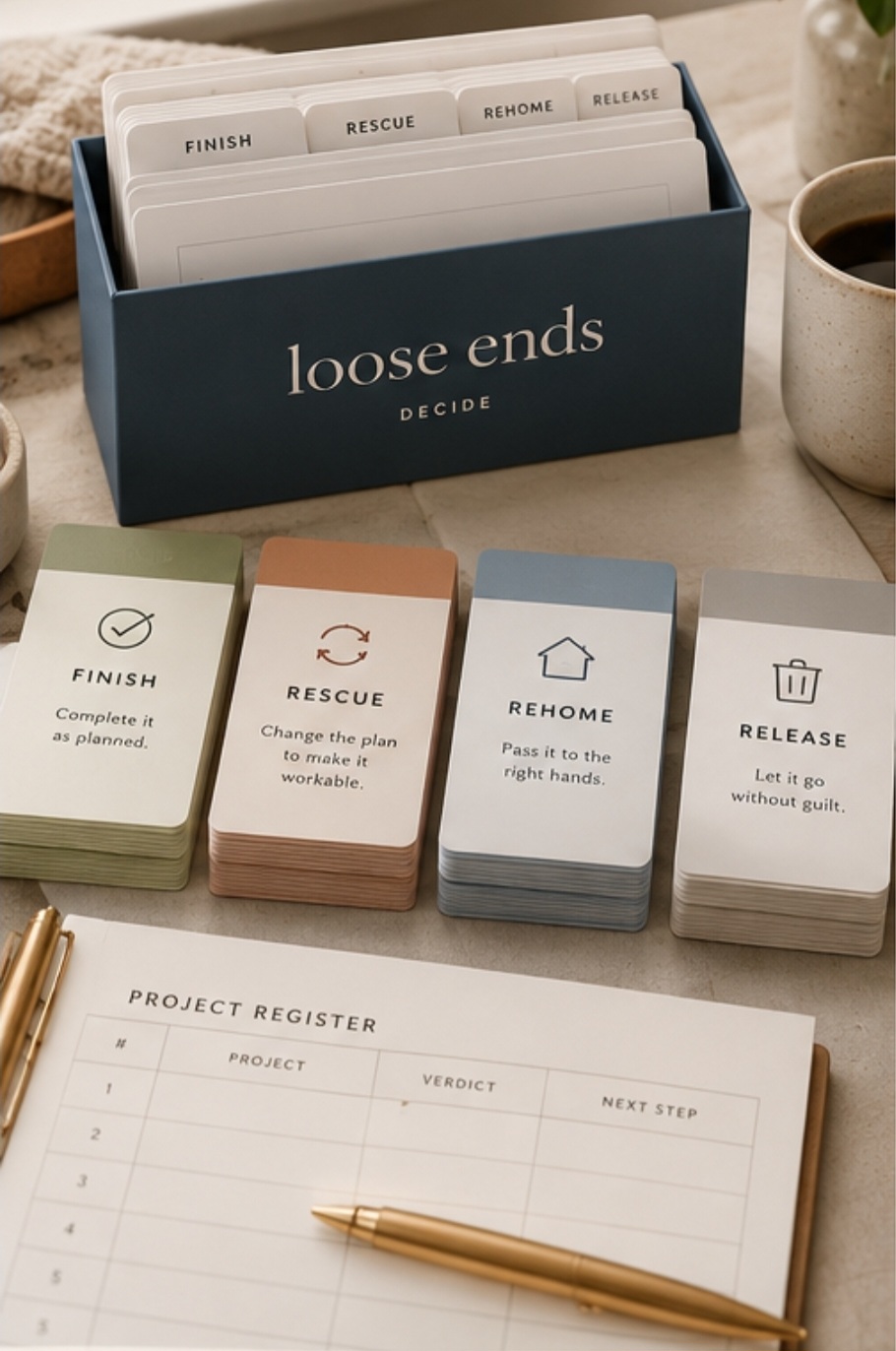 The Loose Ends Decide deck box with its Finish, Rescue, Rehome and Release verdict cards fanned out on a table.