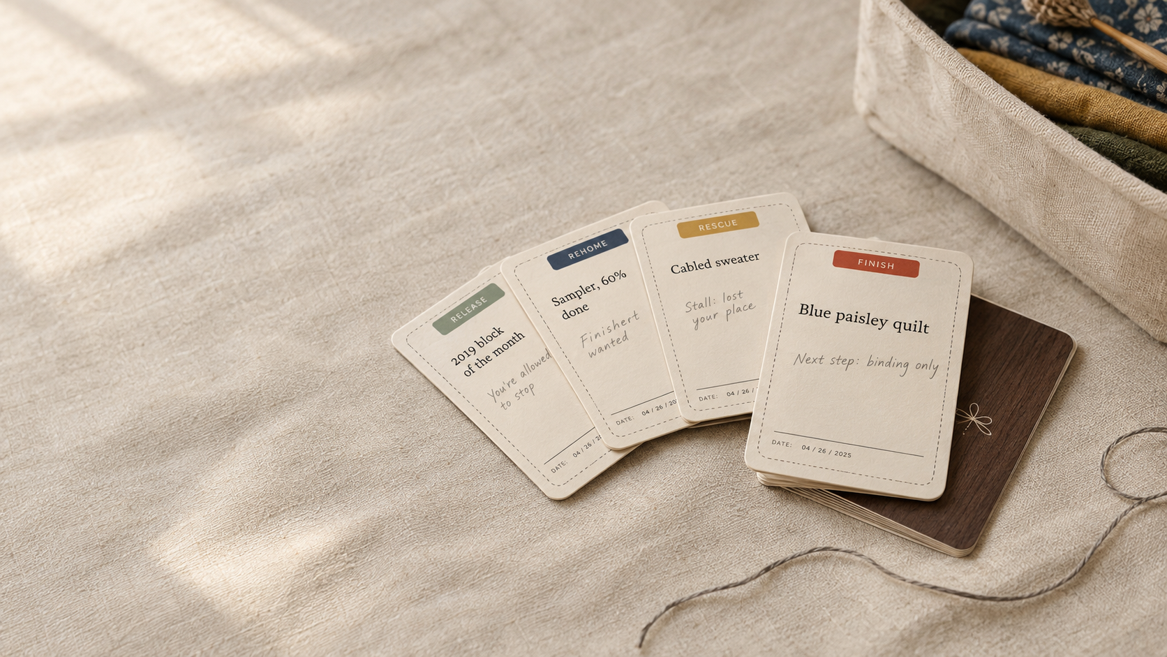 Loose Ends finishing deck laid out on a table, with verdict cards sorted into four piles.