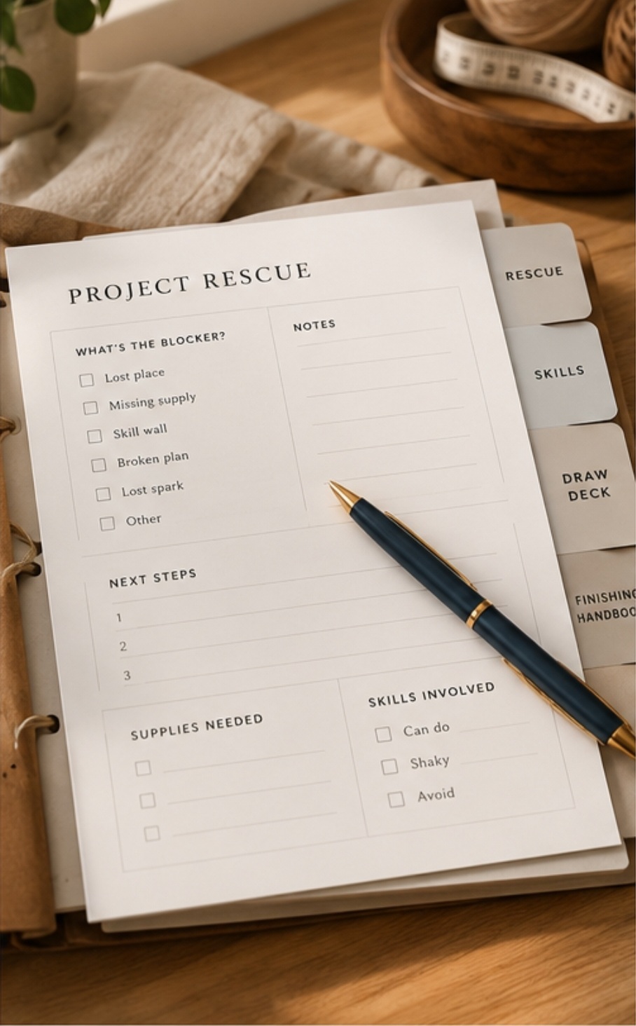 A Project Rescue worksheet from the Finish deck laid open in a binder with a pen across the next steps.