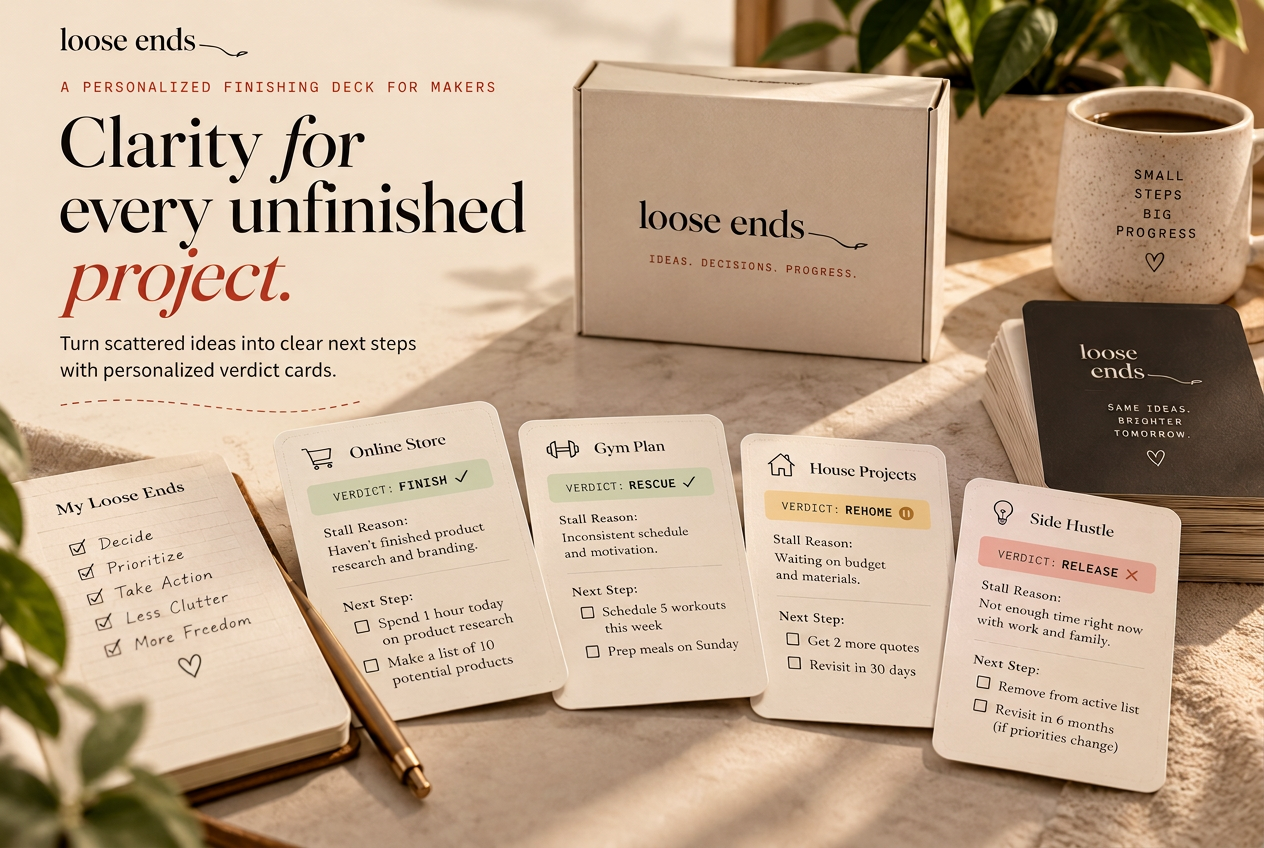 Loose Ends deck box with verdict cards, a mug, and a notebook of next steps on a sunlit table.